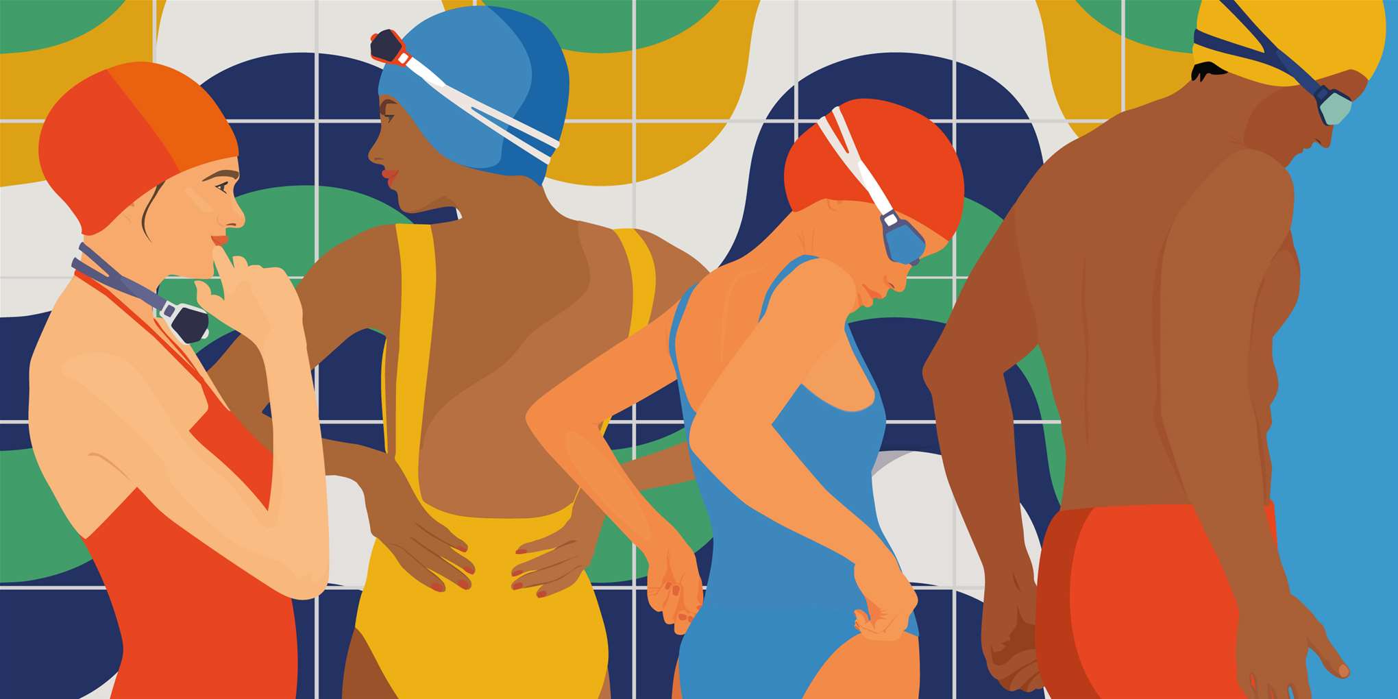 Camila Pinheiro, Bright vector digital illustration of 4 women in swimming costumes with vibrant summer patterns. Geometric shapes. 